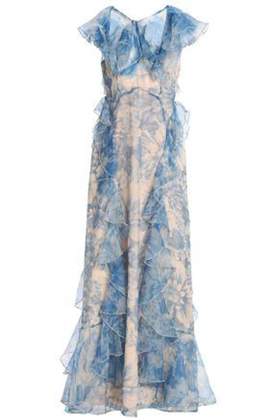 Shop Alice Mccall Ruffled Floral-print Silk-organza Gown In Light Blue