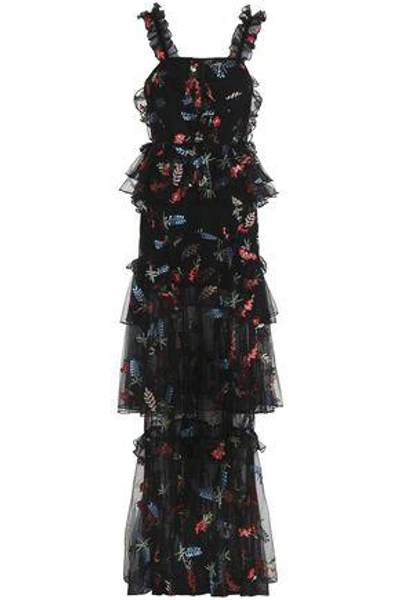 Shop Alice Mccall Tiered Embroidered Tulle Gown In Black