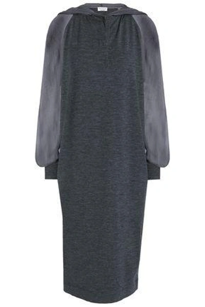 Shop Brunello Cucinelli Woman Chiffon-paneled Mélange Stretch-wool Hooded Dress Dark Gray
