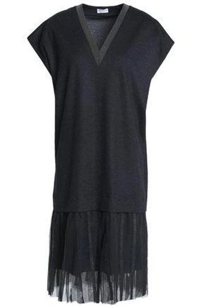 Shop Brunello Cucinelli Woman Bead-embellished Tulle-trimmed Wool And Cotton-blend Dress Charcoal