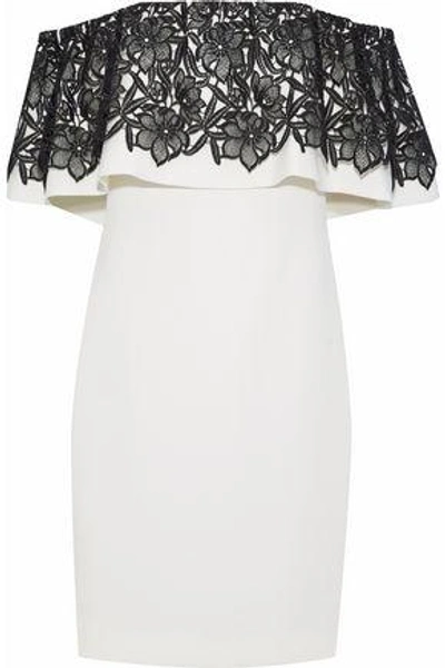 Shop Badgley Mischka Woman Off-the-shoulder Guipure Lace-paneled Crepe Dress Ivory