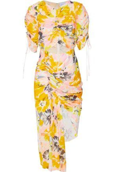 Shop Alice Mccall Woman Asymmetric Cutout Floral-print Silk Dress Saffron