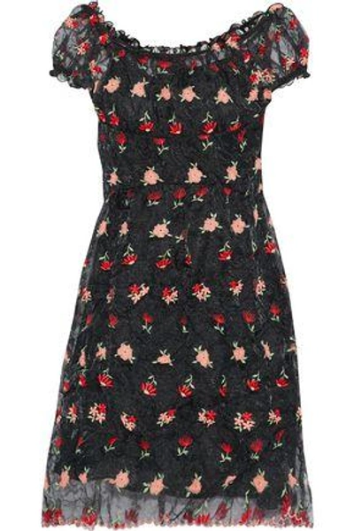 Shop Anna Sui Woman Embroidered Crinkled-organza Dress Black