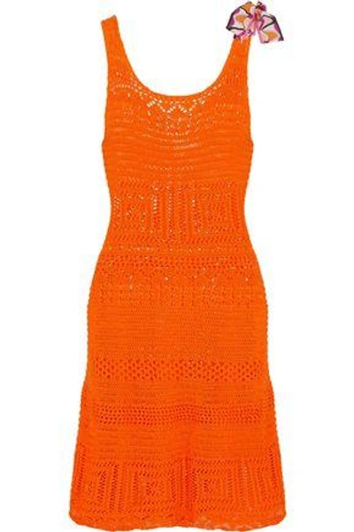 Shop Emilio Pucci Woman Printed Silk Satin-trimmed Crocheted Cotton Coverup Bright Orange