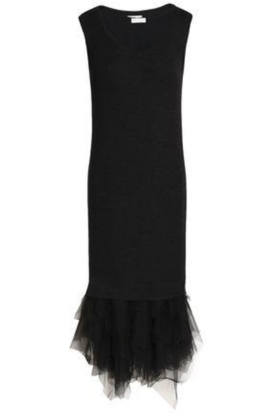 Shop Brunello Cucinelli Woman Tulle-paneled Wool Midi Dress Black