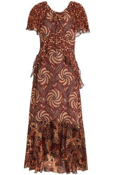 Shop Anna Sui Woman Ruffled Printed Fil Coupé Silk Midi Dress Brown