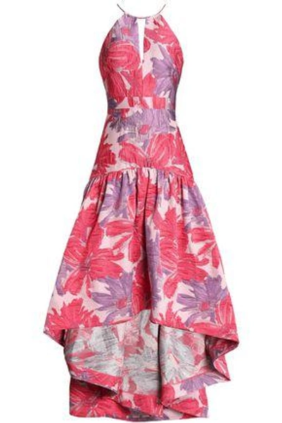 Shop Badgley Mischka Asymmetric Brocade Gown In Coral