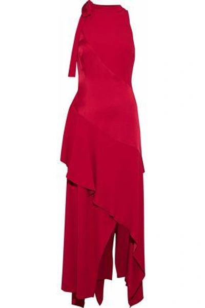 Shop Antonio Berardi Layered Ruffled Satin And Crepe Midi Dress In Crimson