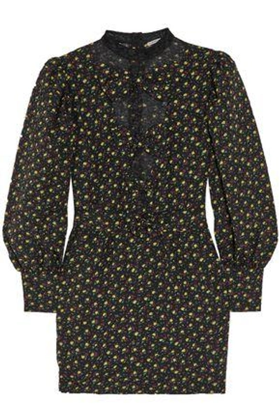 Shop Alessandra Rich Woman Lace-paneled Floral-print Cloqué Mini Dress Black