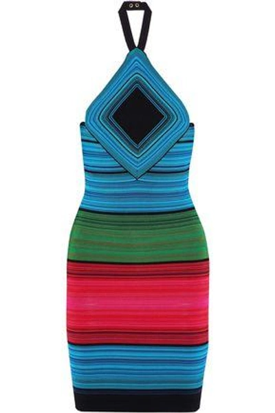 Shop Balmain Woman Color-block Stretch-knit Halterneck Mini Dress Multicolor