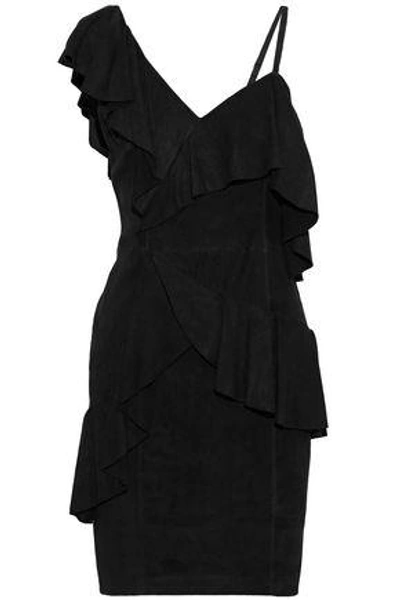 Shop Alice And Olivia Floretta Asymmetric Ruffled Suede Mini Dress In Black