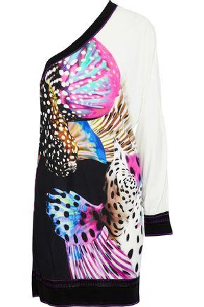 Shop Roberto Cavalli Woman One-shoulder Printed Stretch-knit Mini Dress Multicolor