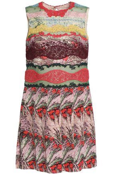 Shop Valentino Woman Lace-paneled Printed Silk Crepe De Chine Mini Dress Multicolor