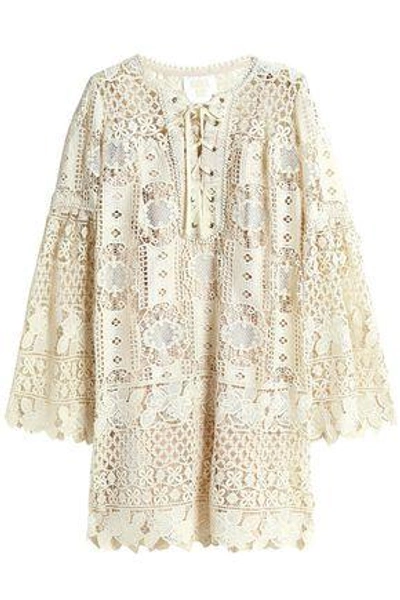 Shop Anna Sui Woman Lace-up Guipure Lace Mini Dress Ecru