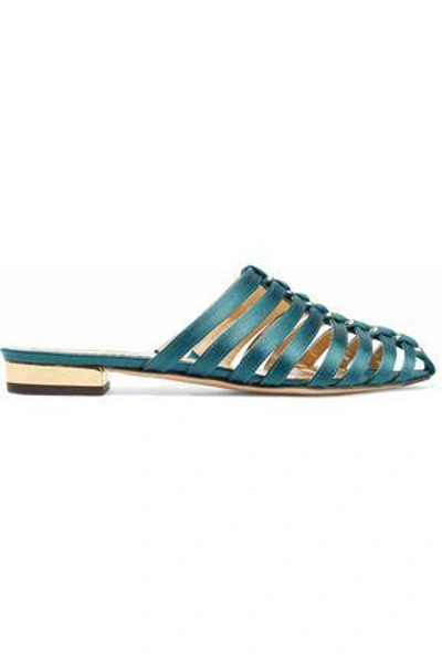 Shop Charlotte Olympia Anya Cutout Satin Slippers In Teal
