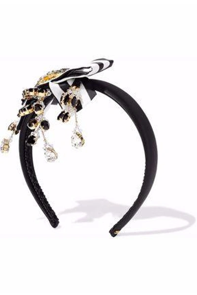 Shop Dolce & Gabbana Bow And Crystal-embellished Satin Headband In Black
