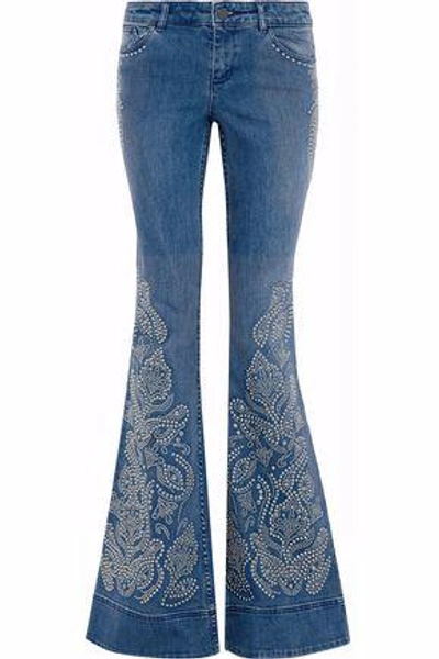 Shop Alice And Olivia Woman Ryley Studded Low-rise Flared Jeans Mid Denim