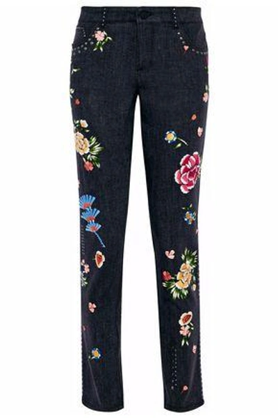 Shop Alice And Olivia Alice + Olivia Woman Jane Embellished Mid-rise Slim-leg Jeans Dark Denim