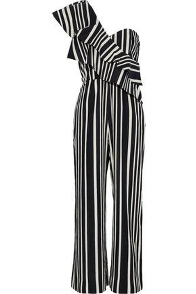 Shop Alice And Olivia Sabeen One-shoulder Ruffled Striped Cotton-blend Jumpsuit In Black