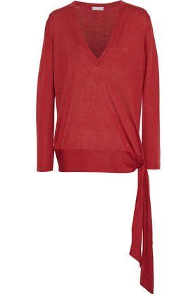 Shop Brunello Cucinelli Woman Tie-detailed Cashmere And Silk-blend Sweater Crimson