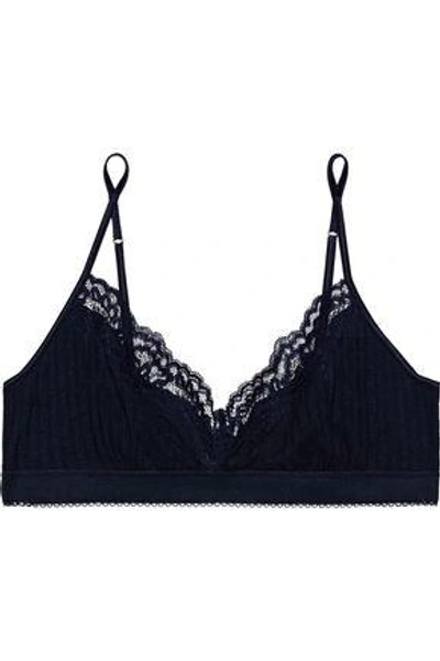 Shop Stella Mccartney Woman Corded Lace-trimmed Ribbed Jersey Soft-cup Triangle Bra Midnight Blue