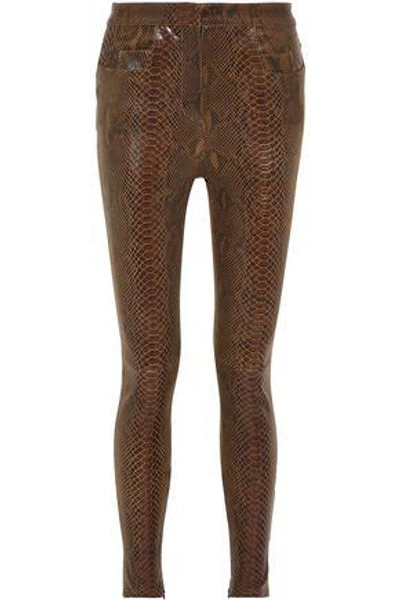 Shop Balmain Snake-effect Leather Skinny Pants In Brown