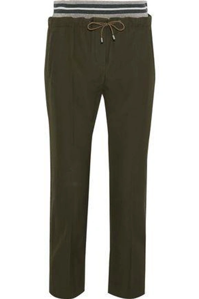 Shop Brunello Cucinelli Woman Cropped Wool And Cotton-blend Track Pants Army Green