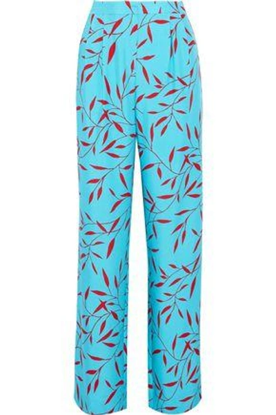 Shop Diane Von Furstenberg Woman Pleated Printed Woven Silk Wide-leg Pants Turquoise
