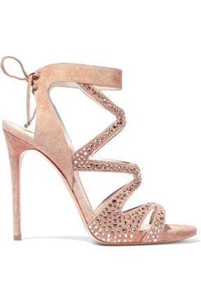 Shop Casadei Woman Cutout Crystal-embellished Suede Sandals Blush