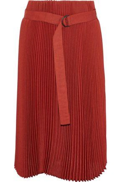 Shop Brunello Cucinelli Belted Pleated Gauze Skirt In Crimson