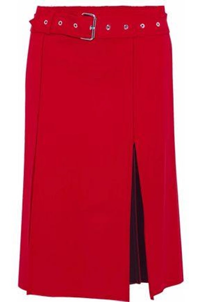 Shop Helmut Lang Woman Belted Pleated Wool-blend Twill Skirt Red
