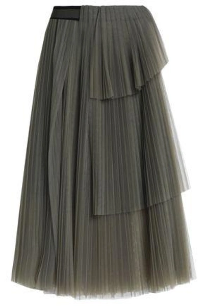 Shop Brunello Cucinelli Woman Layered Pleated Tulle Skirt Army Green