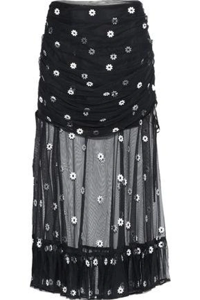 Shop Alice Mccall Woman Lace-up Ruched Embroidered Tulle Midi Skirt Black