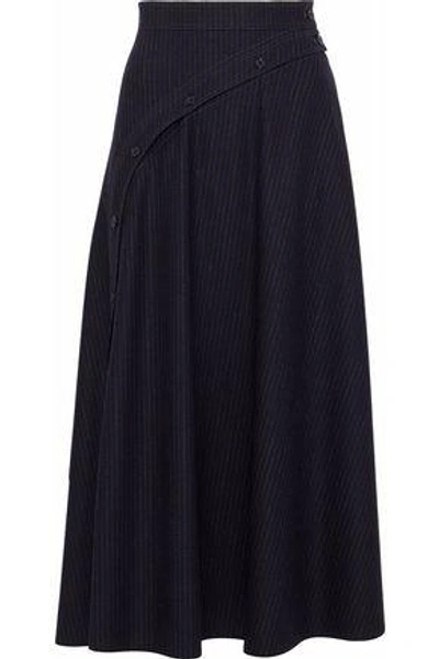 Shop Nina Ricci Woman Pinstriped Wool-blend Midi Skirt Midnight Blue