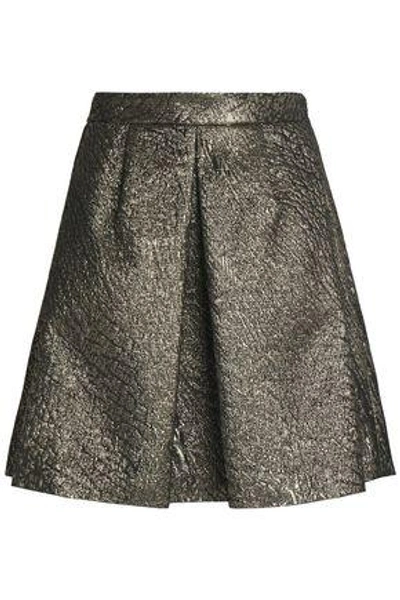 Shop Brunello Cucinelli Woman Pleated Metallic Cloqué Mini Skirt Gold