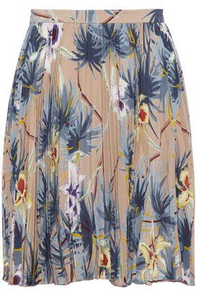 Shop Valentino Pleated Floral-print Silk Crepe De Chine Mini Skirt In Beige