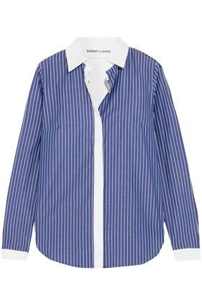 Shop Sandy Liang Woman Enzo Open-back Pinstriped Cotton-poplin Shirt Blue