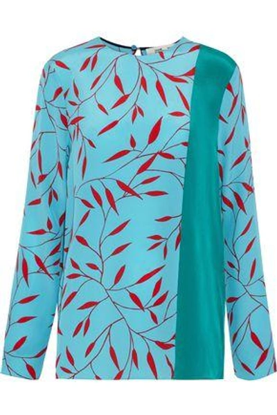 Shop Diane Von Furstenberg Woman Floral-print Silk Crepe De Chine Top Light Blue