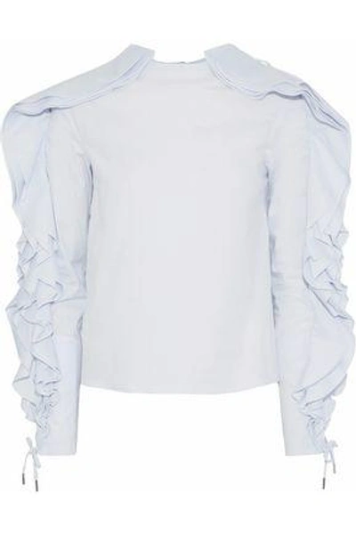 Shop Antonio Berardi Woman Lace-up Ruffled Cotton-blend Poplin Top Sky Blue