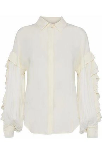 Shop Antonio Berardi Woman Ruffle-trimmed Pleated Georgette Shirt Beige