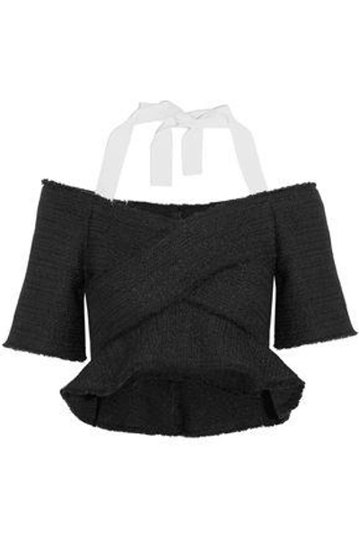 Shop Proenza Schouler Woman Cropped Cold-shoulder Tweed Top Black
