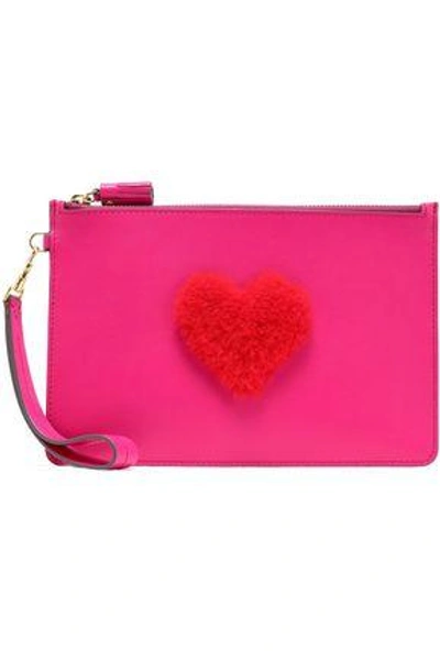 Shop Anya Hindmarch Woman Shearling-appliquéd Leather Pouch Bright Pink