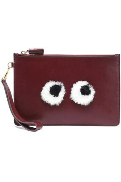 Shop Anya Hindmarch Woman Shearling-appliquéd Leather Pouch Claret