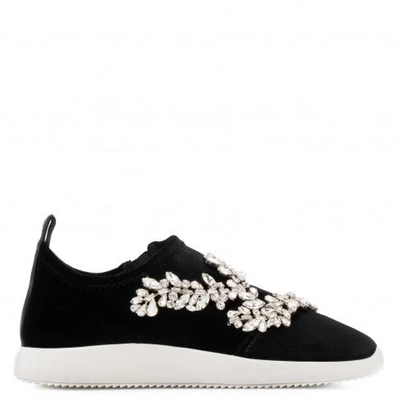 Shop Giuseppe Zanotti - Stretch Velvet Low-top Sneaker With Crystals Alena Crystal In Black