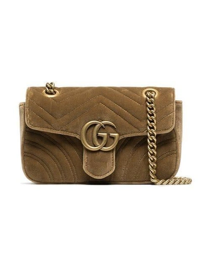 Shop Gucci Velvet Mini Marmont Quilted Bag In Brown