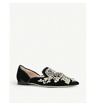 Shop Alberta Ferretti Mia Embroidered Velvet Flats In Grey/dark