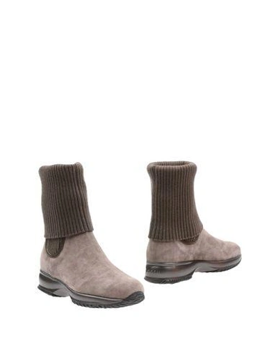 Shop Hogan Woman Ankle Boots Khaki Size 5 Leather, Textile Fibers In Beige