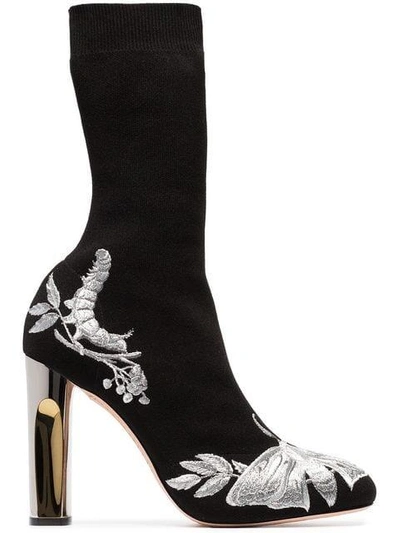 Shop Alexander Mcqueen Black 105 Floral Embroidered Sock Boots