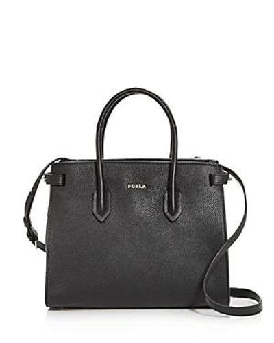 Shop Furla Pin Small East/west Embossed Leather Satchel In Onyx Black/gold