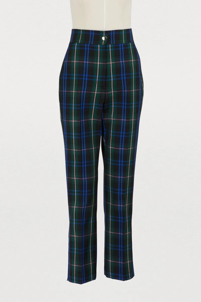 Shop Msgm Plaid Wool Pants In Green/blue